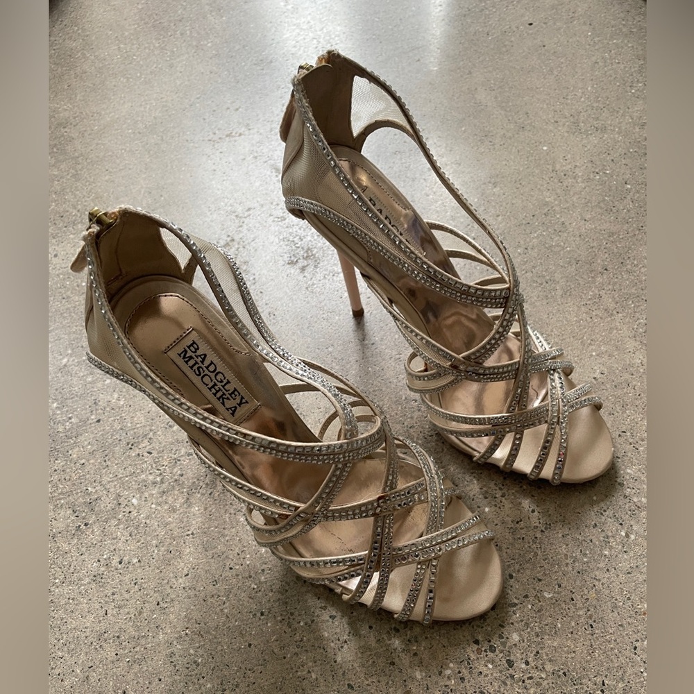 Badgley Mischka Crystal Nude Heels, Leather Base, Size 7.5m, Wedding Shoes